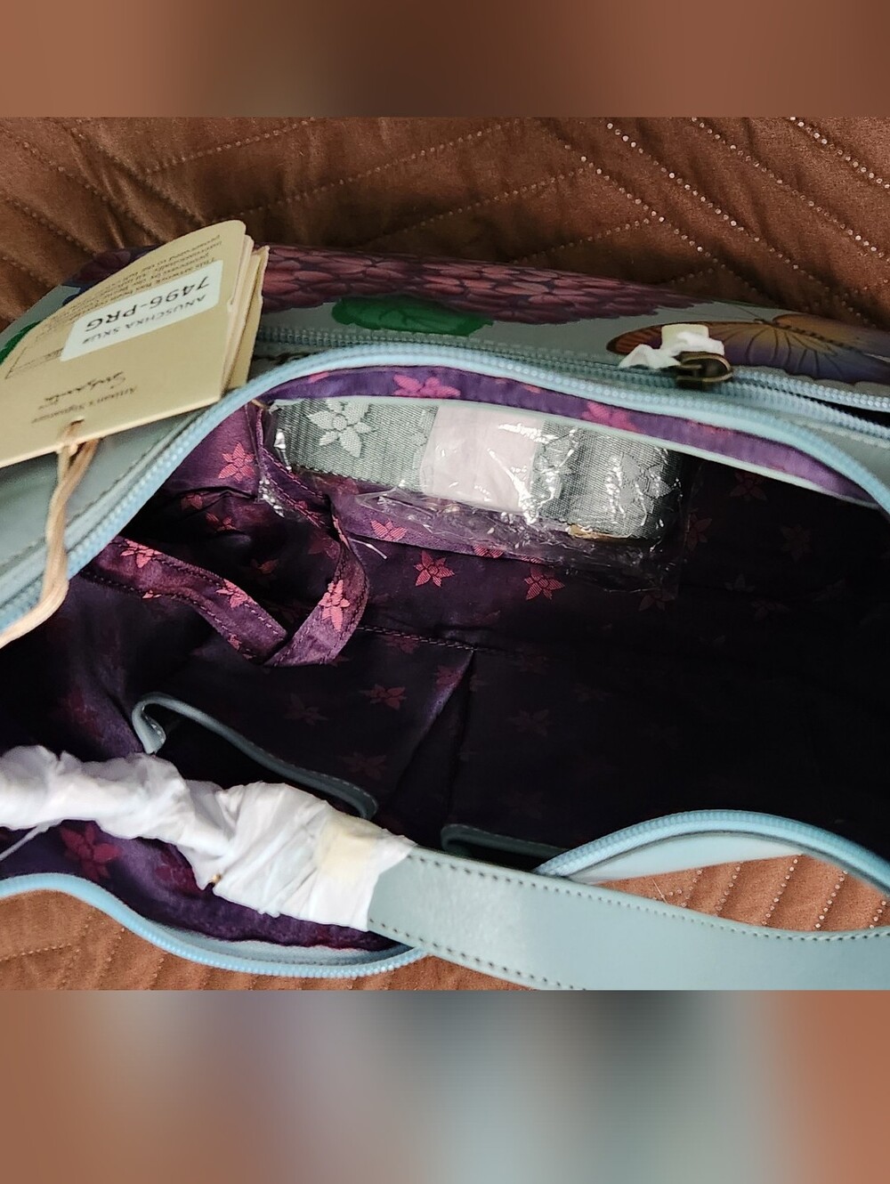 Hand-Painted Anuschka Leather Shoulder Bag With Butterfly & Hydrangea Design NWY - Picture 4 of 13